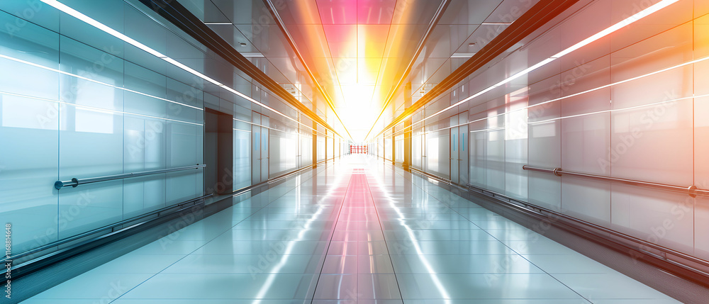 Poster bright modern corridor with glass walls and optical illusion effect creating a sense of depth and sp