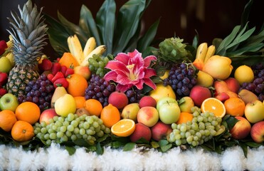 Colorful Display of Fresh Fruits Including Pineapple, Bananas, Grapes, Apples, Citrus and Exotic Flowers in a Beautiful Arrangement for a Vibrant Table Setting