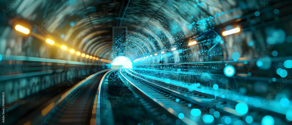 Poster futuristic train tunnel with glowing lights and blue digital particles flowing towards bright exit i
