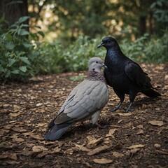 Fototapeta premium The adventures of a dove and a crow as unlikely companions.