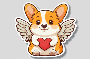 Obraz premium Adorable corgi dog with angel wings smiles happily while holding a red heart. The playful character radiates joy and charm against a light gray background.