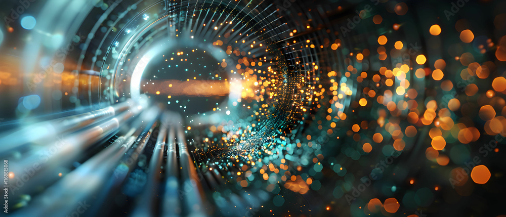 Poster abstract visualization of light trails and bokeh effects creating a futuristic tunnel of colors and 
