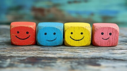 Colorful Wooden Blocks with Happy Faces on Rustic Wood Background Positive Emotions Concept