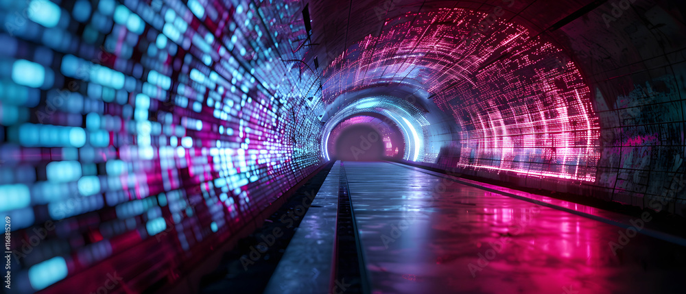 Poster colorful abstract lights in an empty tunnel creating a futuristic atmosphere and visual depth