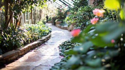 Naklejka premium Serene garden pathway botanical conservatory nature photography lush environment tranquil view