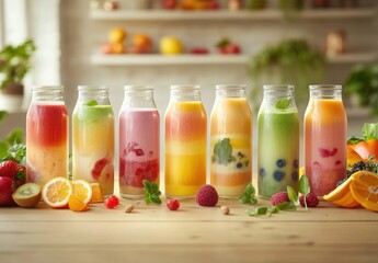 Colorful Fresh Juices in Glass Bottles Displayed on Wooden Table Surrounded by Fresh Fruits and Herbs for Healthy Lifestyle and Refreshing Drink Concepts