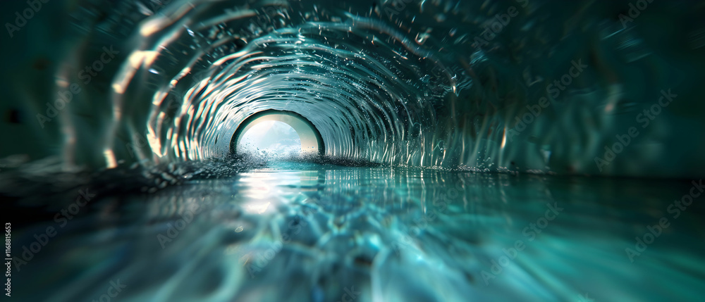 Poster abstract view of a water tunnel with shimmering light reflections and flowing water creating a seren