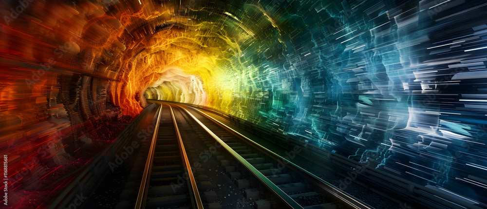 Poster vibrant abstract tunnel with light trails and railway tracks invoking motion and depth in a colorful