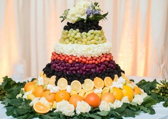Colorful Fruit and Floral Cake Display with Grapes, Citrus, and Edible Decorations for Celebrations or Special Events