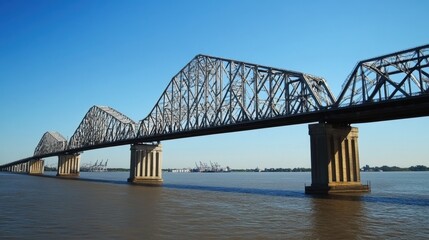 Majestic Steel Truss Bridge Over River Under Clear Blue Sky