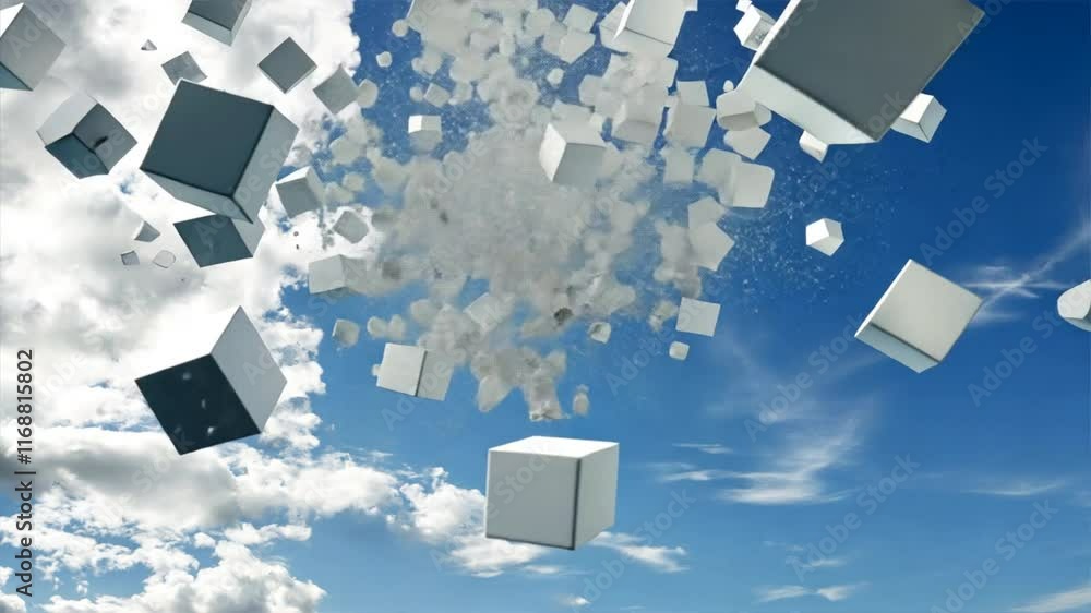 Poster floating white cubes in blue sky create surreal and dynamic scene, blending imagination with abstrac