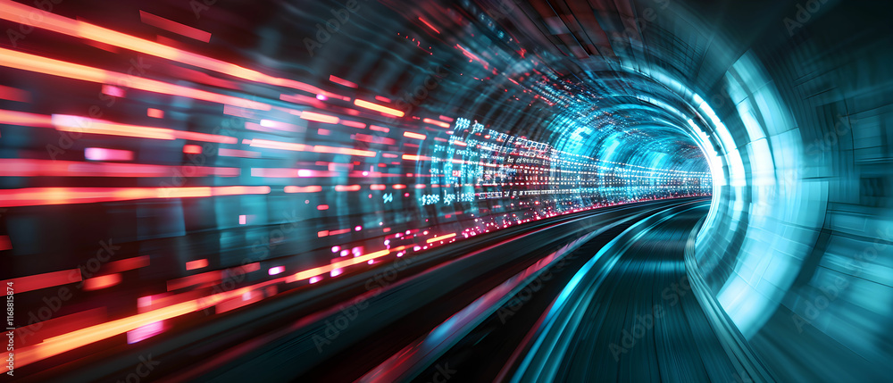 Poster futuristic abstract tunnel with dynamic light trails in blue and red shades conveying speed and moti