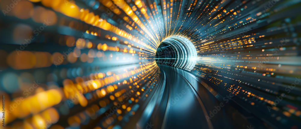 Poster abstract digital tunnel with glowing lights and motion blur, futuristic technology representation an