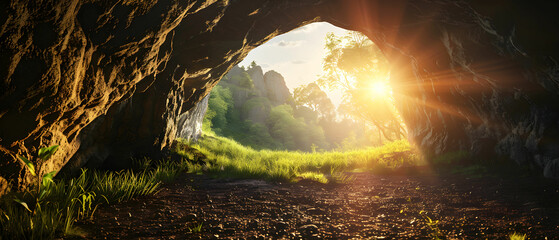 Obraz premium Beautiful Sunset Illuminating a Lush Green Landscape Through a Cave Entrance with Natural Sunburst Effect