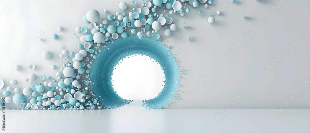 Poster abstract composition with white and blue spheres creating a dynamic flow against a minimalist backgr