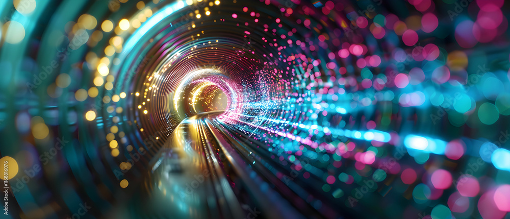 Poster vibrant light trails inside a colorful tunnel with bokeh effects for abstract backgrounds and digita