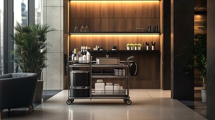 High quality cleaning service concept, A hotel cleaning cart with supplies and equipment in an office building lobby