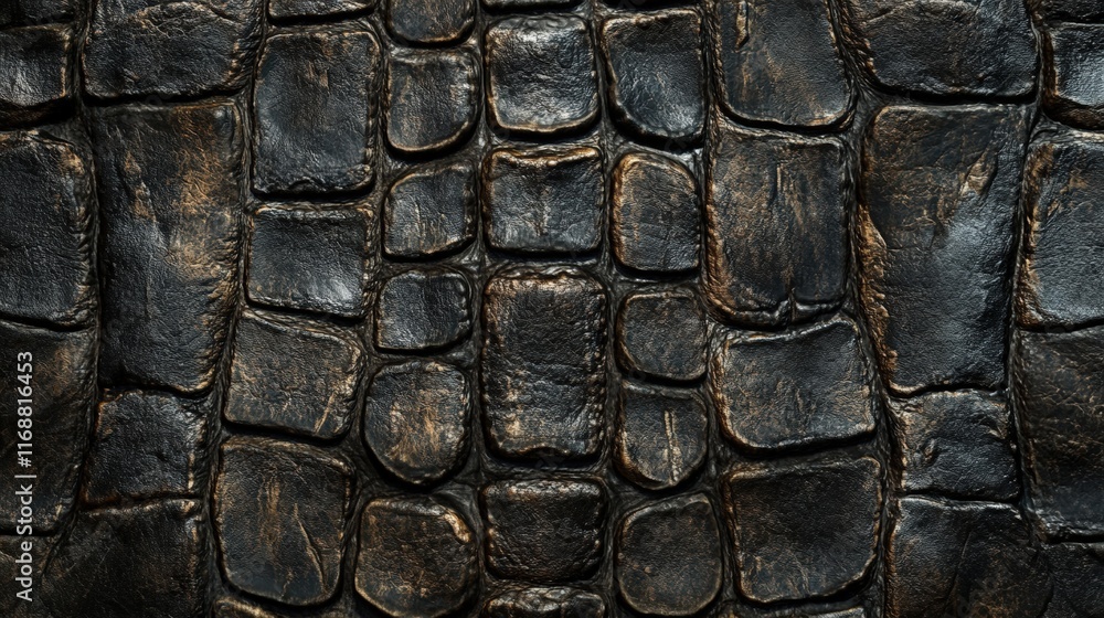 Poster close-up view of crocodile skin texture featuring intricate patterns and unique dark tones, perfect 