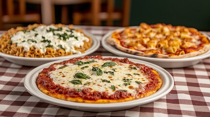 Three delicious Italian dishes pasta, pizza, and another pizza variant, served on a checkered tablecloth.