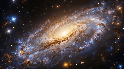 Fototapeta premium Spiral galaxy with bright center surrounded by dust and stars in space