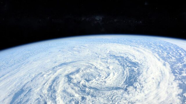 Hurricane forming a swirling pattern over planet earth, seen from space. Animation based on image by nasa