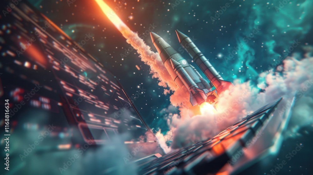 Poster digital rocket launch artwork on laptop - this digital artwork features a rocket launch emanating fr