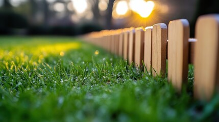 Wooden Fence Edging Along Lush Green Lawn at Sunset with Soft Light and Dew Drops Creating a Serene Outdoor Atmosphere for Tranquility and Nature Lovers