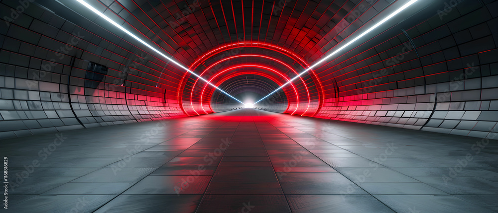 Poster futuristic abstract tunnel design with red neon lights and smooth reflective surface in a modern arc