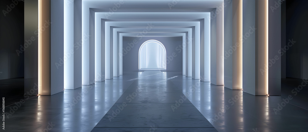 Poster modern architectural corridor illuminated by soft, ambient light creating a surreal and tranquil atm