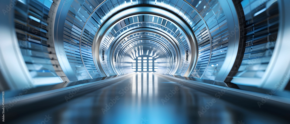Poster futuristic high-tech tunnel with bright illumination and smooth reflective surface for advanced conc