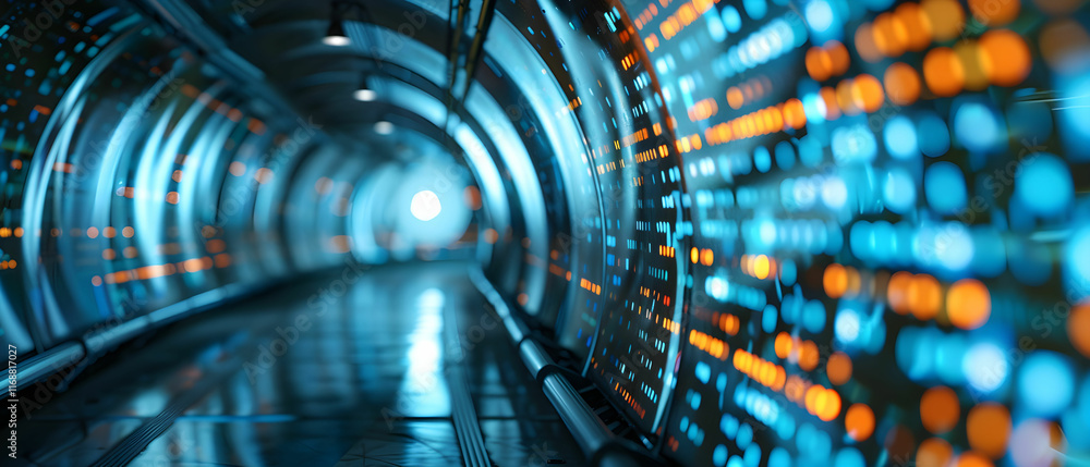 Poster high-tech abstract tunnel with glowing data streams and blue orange lights in futuristic environment