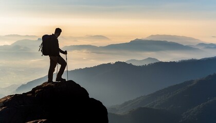Silhouette image of a climber feeling a sense of accomplishment looking down from the summit
