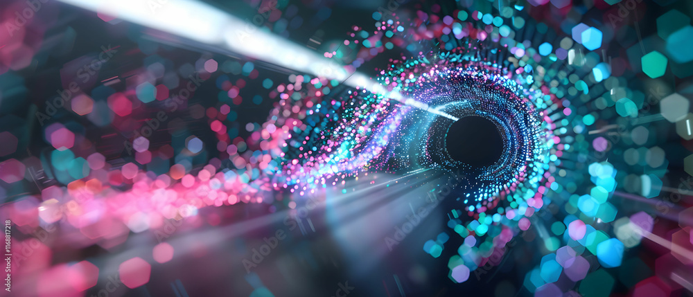 Aufkleber dynamic abstract light trail in a vibrant tunnel with hexagonal patterns and colorful bokeh effects