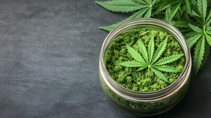 Ground cannabis leaves in a glass jar with fresh leaves on a dark background.