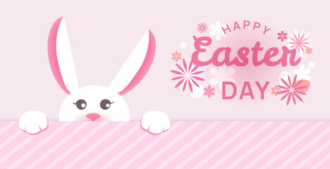 Happy Easter concept banner. Trendy Easter design with bunny and eggs and abstract flowers in light colors. Holiday banner, poster, greeting card design with bunny and typography. Vector illustration