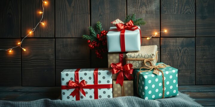 A stack of festively wrapped gifts with red ribbons and winter berries against a dark wood background illuminated by warm string lights.