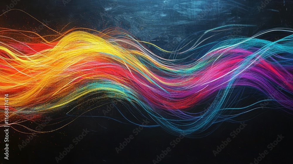 Poster chalkboard abstract background idea. vibrant wave of colorful light strands creating dynamic energy 