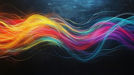 Chalkboard abstract background idea. Vibrant wave of colorful light strands creating dynamic energy and motion.