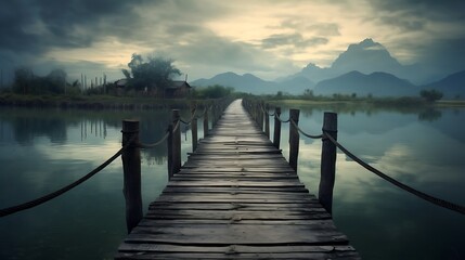 Obraz premium Wooden Bridge Extending to Misty Mountain Lake House