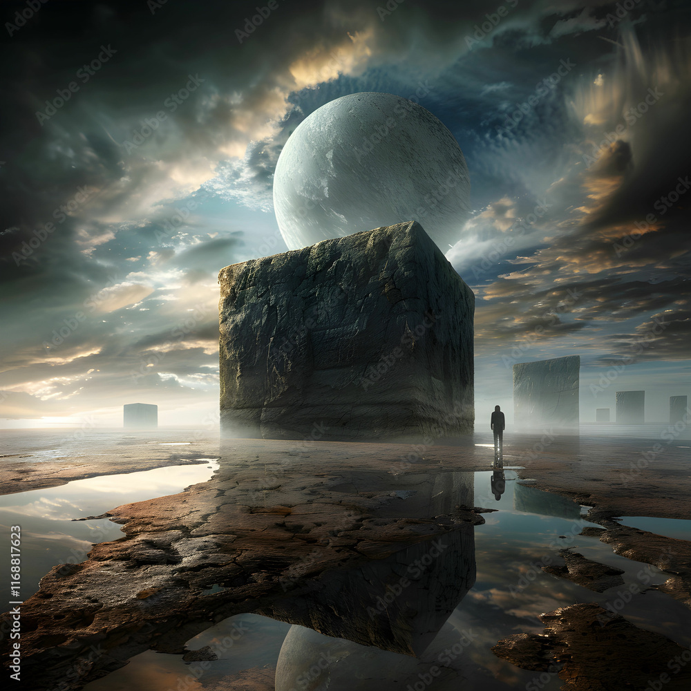 Poster surreal landscape with huge cubes, man in reflection, mystical atmosphere and planet in background