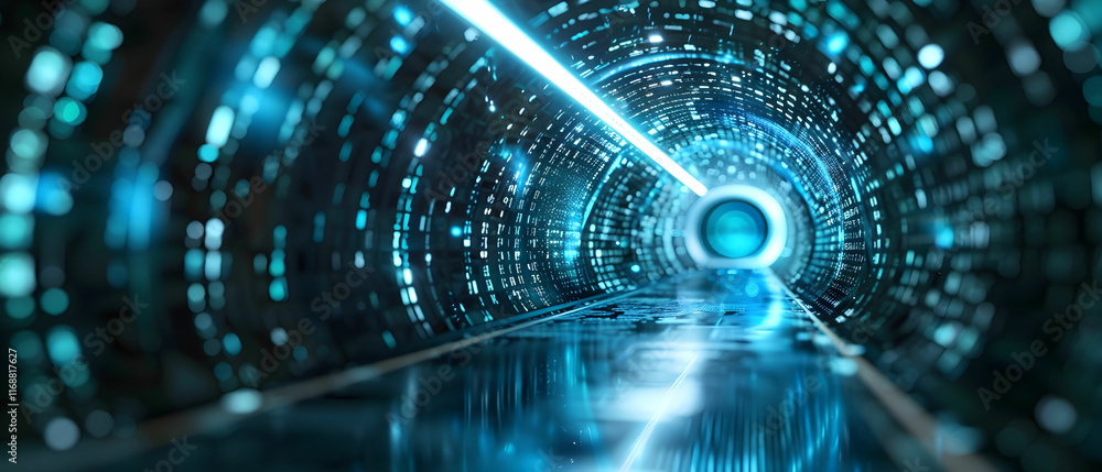 Poster futuristic digital tunnel with glowing blue lights and circular patterns for technology and sci-fi c