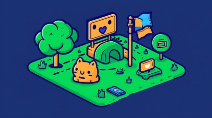 Cute isometric illustration of a cat in a park with a sign, flag, and laptop.