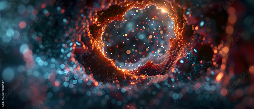 Poster abstract cosmic background with glowing particles and vibrant colors creating a sense of depth and i