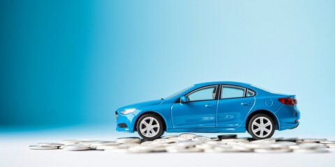 Auto insurance policy. A blue toy car sits on scattered coins against a gradient background.