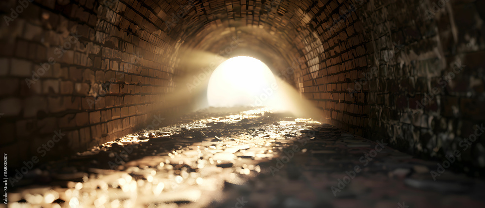Poster light streaming through tunnel with brick walls and glowing background creating an atmospheric persp
