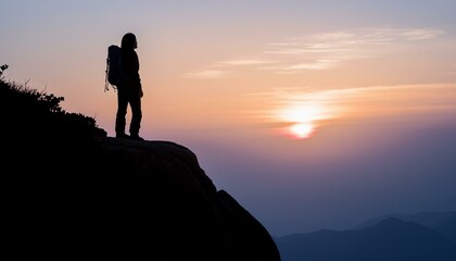 Silhouette image of a climber feeling a sense of accomplishment looking down from the summit