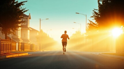 Runner on a sunlit street surrounded by morning mist