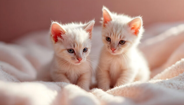 Gatitos rosas s&uacute;per lindos y adorables en una cama de algod&oacute;n rosa suave y delicado
