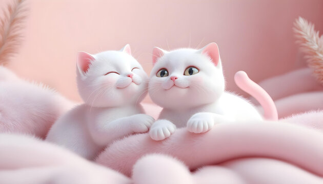 Gatitos blancos s&uacute;per lindos rodeados de algodones. Estilo kawaii