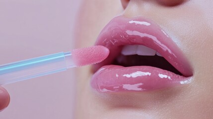 Naklejka premium Glossy Pink Lip Gloss Application on Smooth Lips Close Up